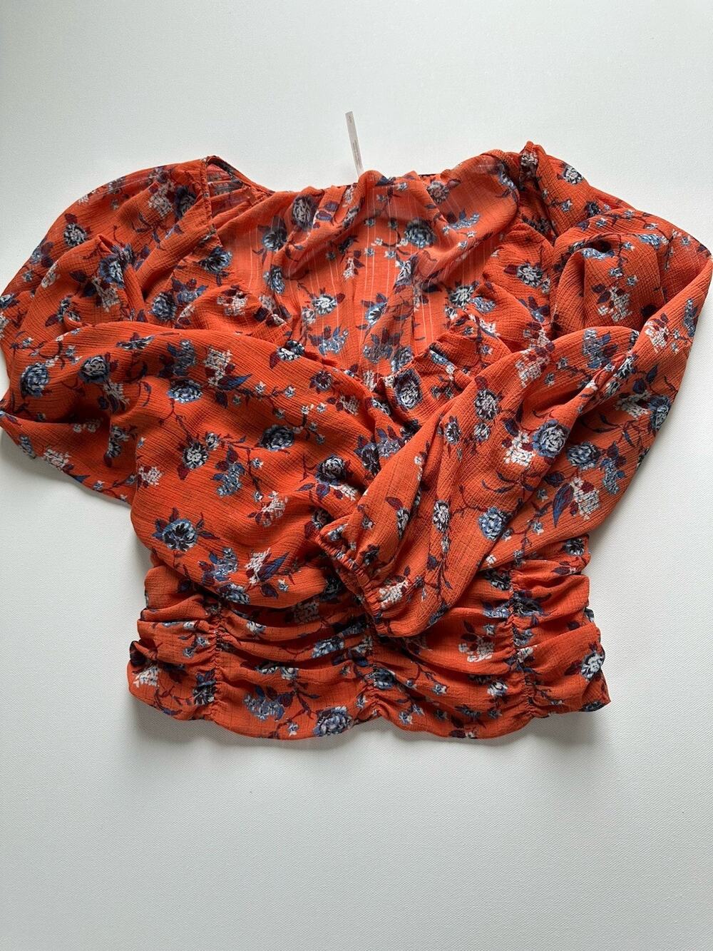Free People Rust Orange Floral Boho Top Long Sleeve Peasant Fall- Size Small